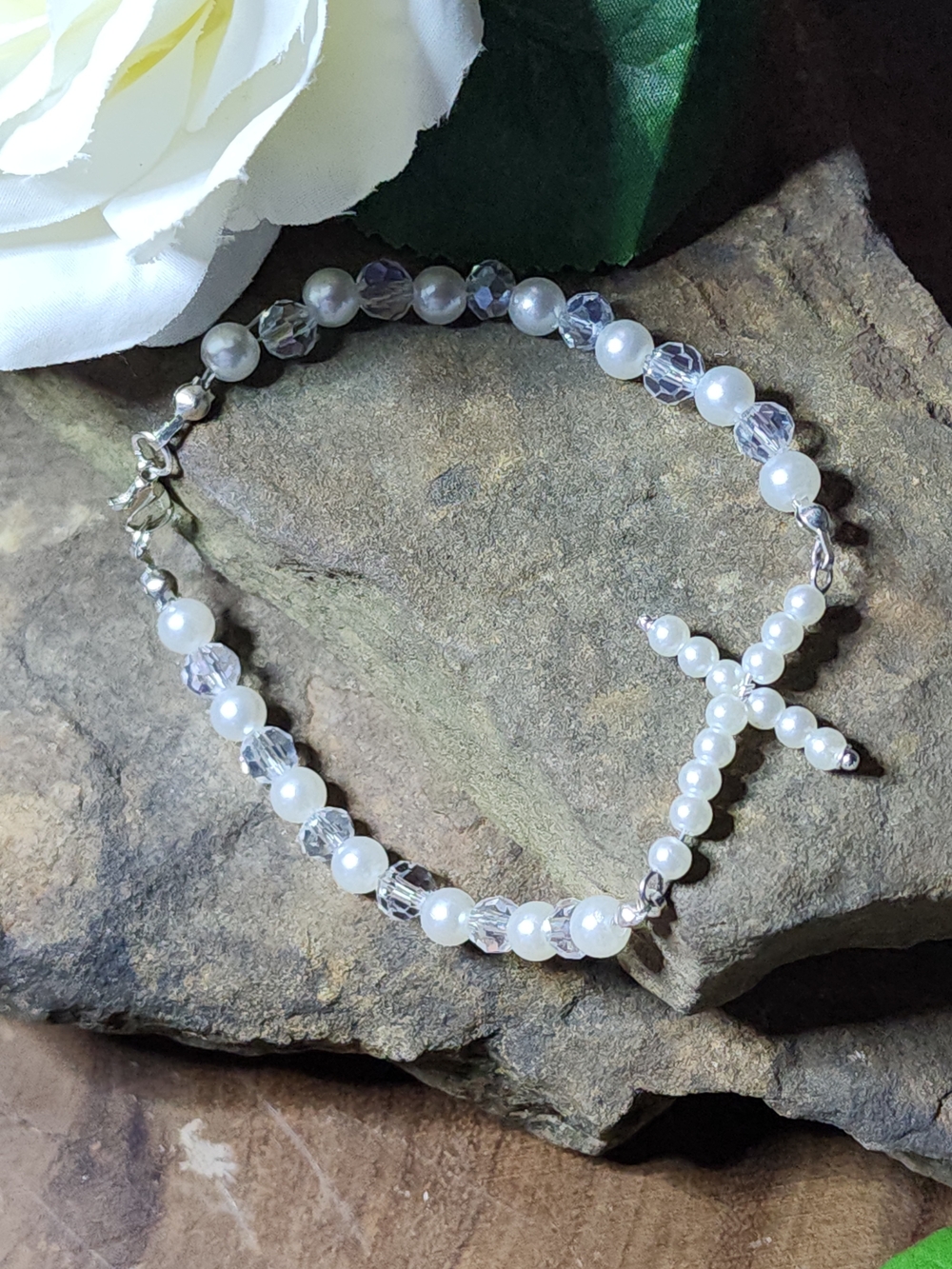 Hand Crafted Cross Bracelet With Faux White Pearls and AB Crystal Glass Beads